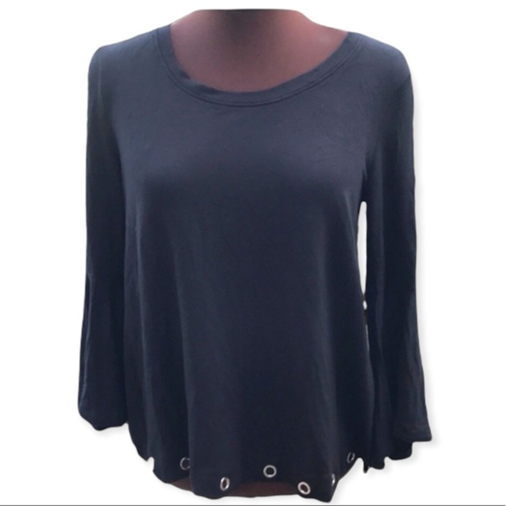 Kensie Black Bell Sleeve Swing Top Grommet Hem Soft Knit Size XS